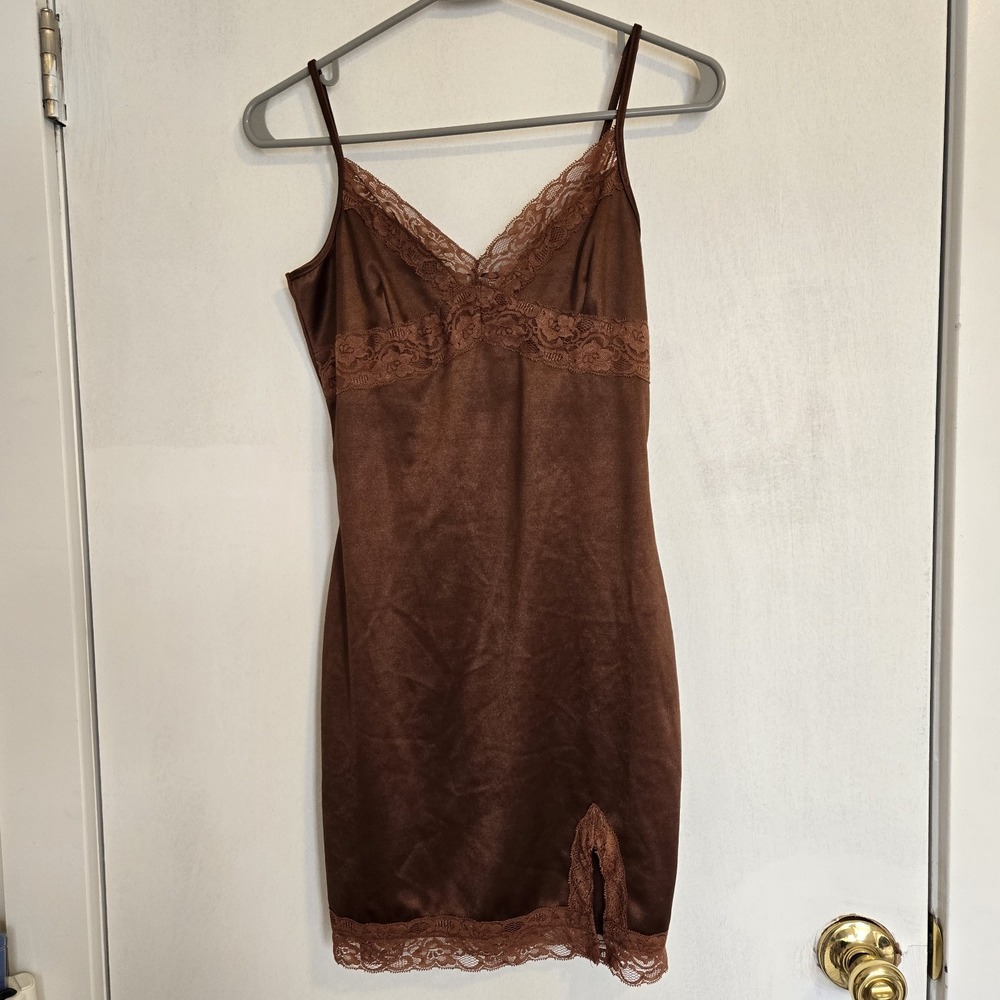 Brown Satin Lace Mini Slip Dress Womens Small Coquette Y2K Lingerie Romantic